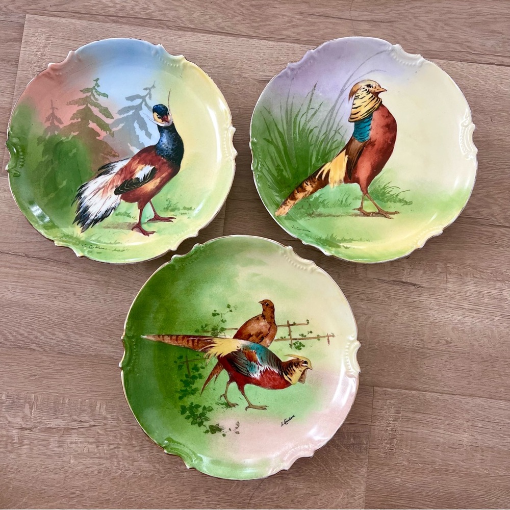 3 PCs Antique Coronet Limoges Porcelain Pheasants 10” Plates - Signed L Coudent‎